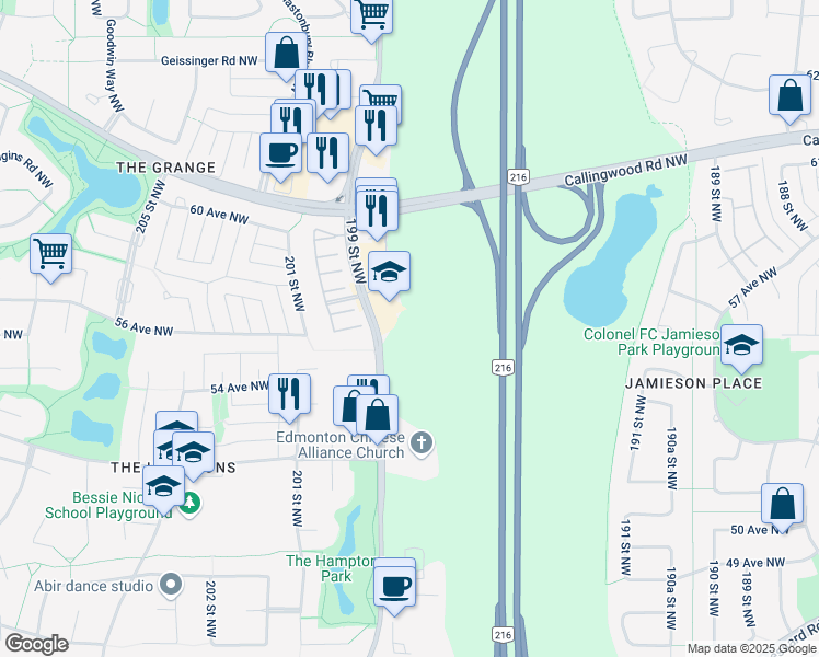map of restaurants, bars, coffee shops, grocery stores, and more near 5611 199 Street Northwest in Edmonton