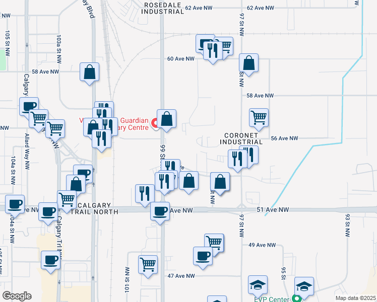 map of restaurants, bars, coffee shops, grocery stores, and more near 5633 99 Street Northwest in Edmonton