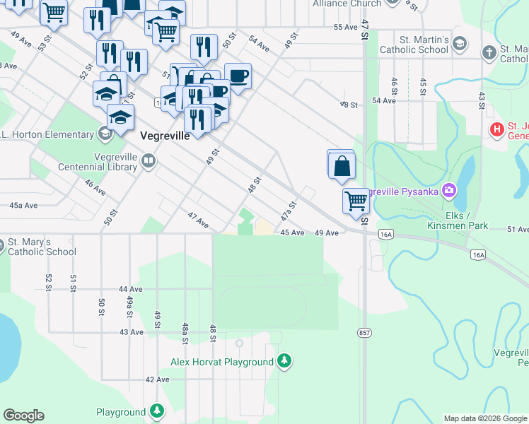 map of restaurants, bars, coffee shops, grocery stores, and more near 4770 49 Avenue in Vegreville