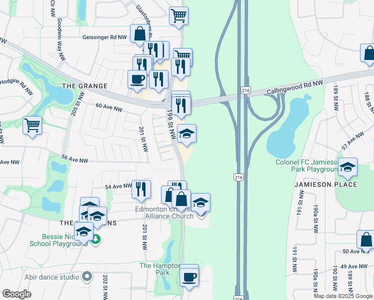 map of restaurants, bars, coffee shops, grocery stores, and more near 5611 199 Street Northwest in Edmonton