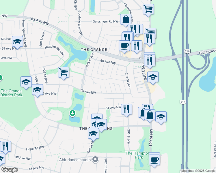 map of restaurants, bars, coffee shops, grocery stores, and more near 5623 204 Street Northwest in Edmonton