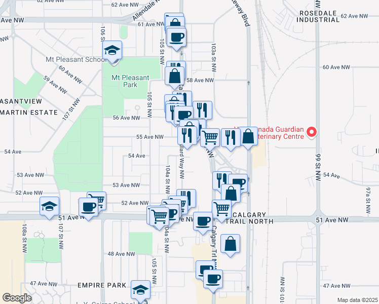 map of restaurants, bars, coffee shops, grocery stores, and more near 5420 Calgary Trail Northwest in Edmonton