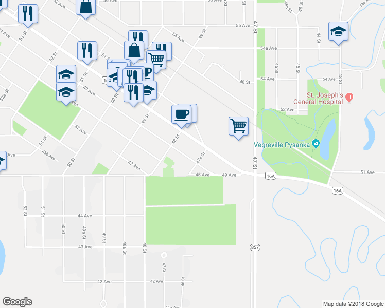 map of restaurants, bars, coffee shops, grocery stores, and more near 4770 49 Avenue in Vegreville