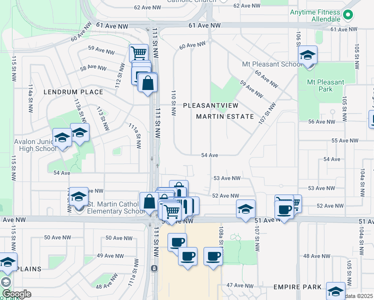 map of restaurants, bars, coffee shops, grocery stores, and more near in Edmonton