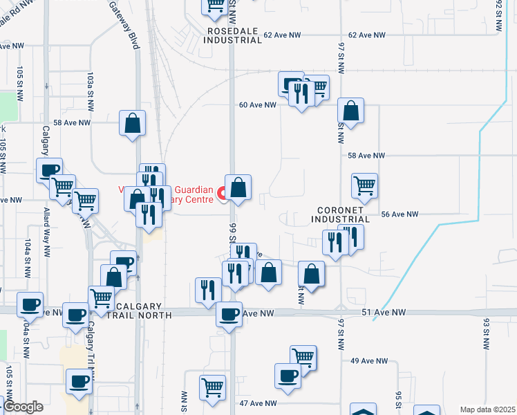 map of restaurants, bars, coffee shops, grocery stores, and more near 5633 99 Street Northwest in Edmonton