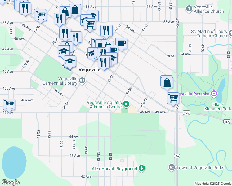 map of restaurants, bars, coffee shops, grocery stores, and more near 4823 49 Avenue in Vegreville