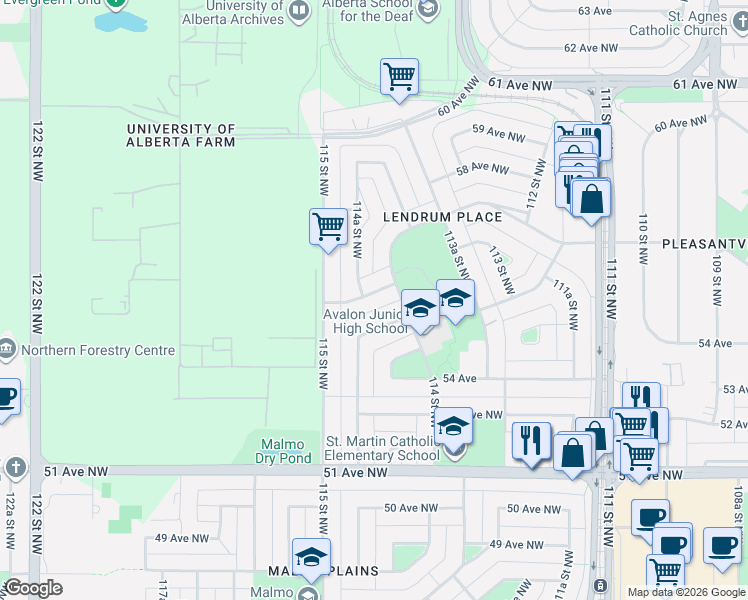 map of restaurants, bars, coffee shops, grocery stores, and more near 11408 56 Avenue Northwest in Edmonton