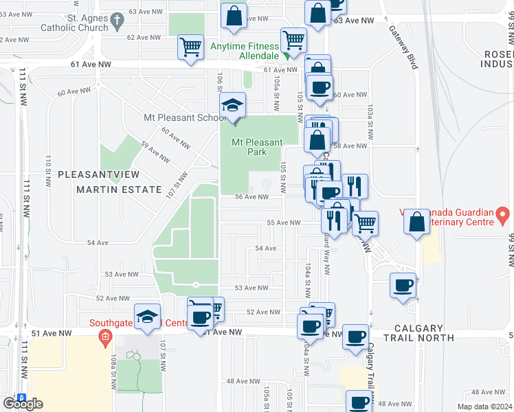 map of restaurants, bars, coffee shops, grocery stores, and more near 10527 56 Avenue Northwest in Edmonton