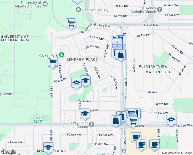 map of restaurants, bars, coffee shops, grocery stores, and more near 5506 113 Street Northwest in Edmonton