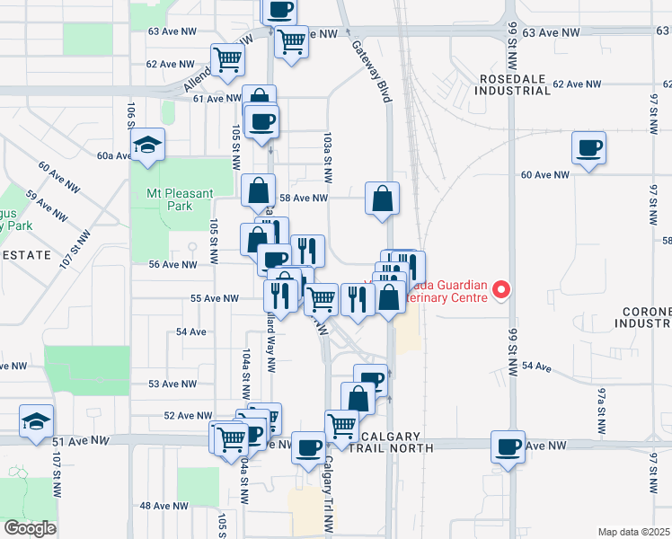 map of restaurants, bars, coffee shops, grocery stores, and more near 5604 103A Street Northwest in Edmonton
