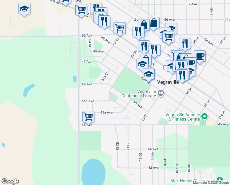 map of restaurants, bars, coffee shops, grocery stores, and more near 5141 46 Avenue in Vegreville
