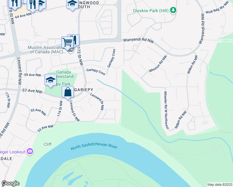map of restaurants, bars, coffee shops, grocery stores, and more near 404 Lessard Drive Northwest in Edmonton