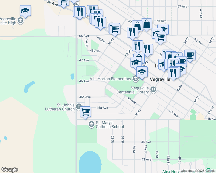 map of restaurants, bars, coffee shops, grocery stores, and more near 4533 52 Street in Vegreville