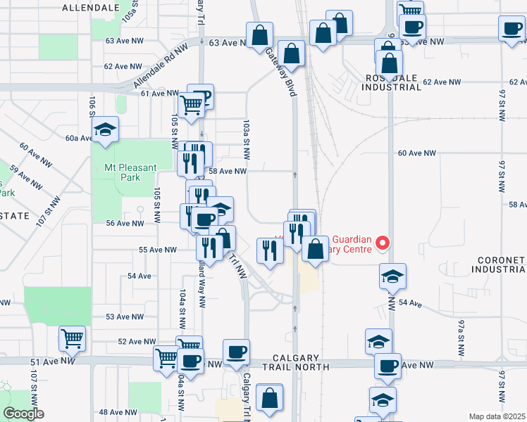 map of restaurants, bars, coffee shops, grocery stores, and more near 5604 103A Street Northwest in Edmonton