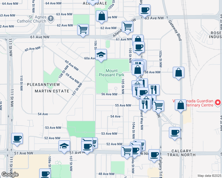map of restaurants, bars, coffee shops, grocery stores, and more near 10527 56 Avenue Northwest in Edmonton
