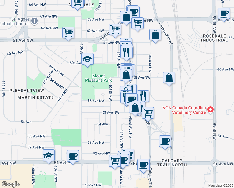 map of restaurants, bars, coffee shops, grocery stores, and more near 10435 58 Avenue Northwest in Edmonton