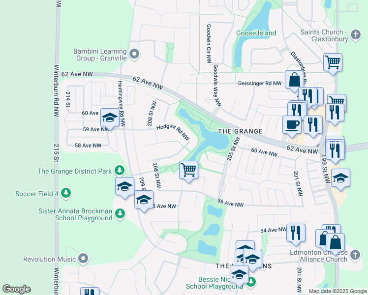 map of restaurants, bars, coffee shops, grocery stores, and more near 869 Hodgins Road Northwest in Edmonton