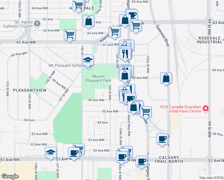 map of restaurants, bars, coffee shops, grocery stores, and more near 5645 105 Street Northwest in Edmonton