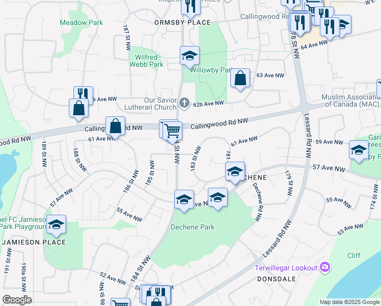 map of restaurants, bars, coffee shops, grocery stores, and more near 6001 184 Street Northwest in Edmonton
