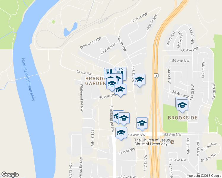 map of restaurants, bars, coffee shops, grocery stores, and more near 5669 Riverbend Road Northwest in Edmonton