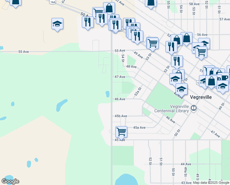 map of restaurants, bars, coffee shops, grocery stores, and more near 5258 46 Avenue in Vegreville