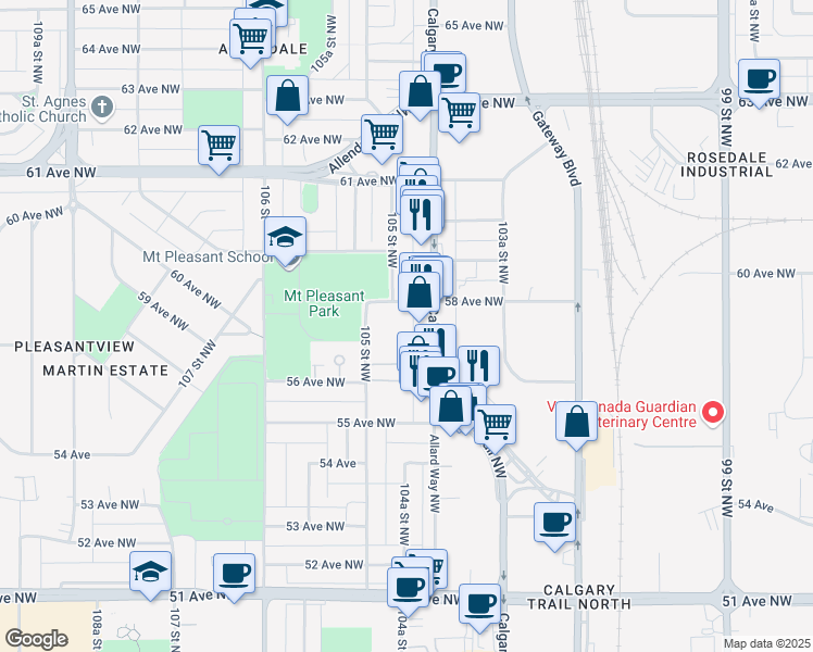 map of restaurants, bars, coffee shops, grocery stores, and more near 10435 58 Avenue Northwest in Edmonton