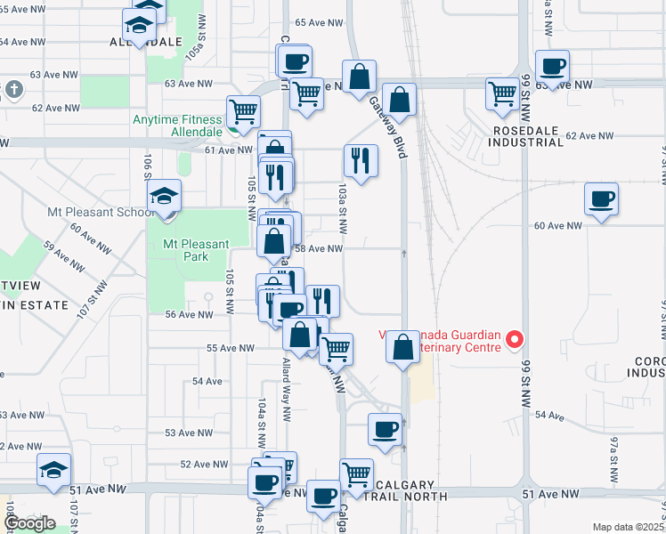 map of restaurants, bars, coffee shops, grocery stores, and more near 5720 103A Street Northwest in Edmonton