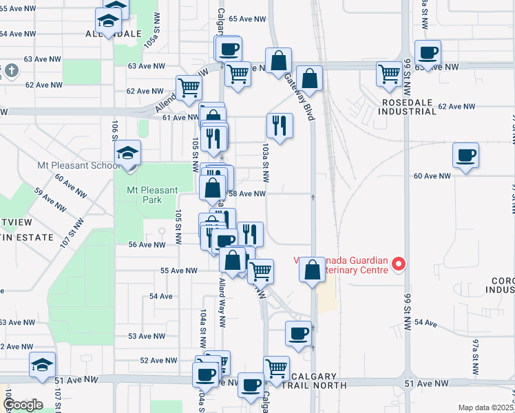 map of restaurants, bars, coffee shops, grocery stores, and more near 5720 103A Street Northwest in Edmonton