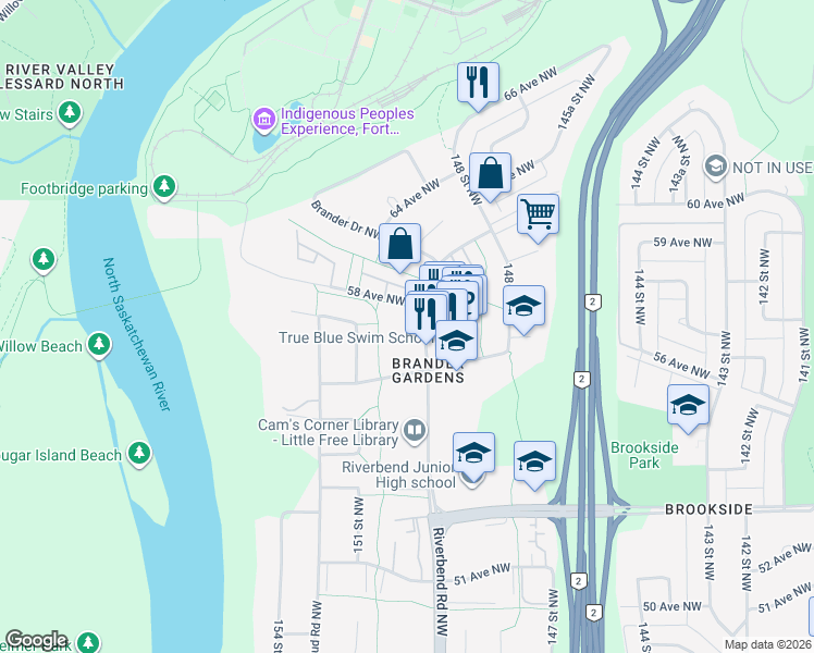 map of restaurants, bars, coffee shops, grocery stores, and more near 5669 Riverbend Road Northwest in Edmonton