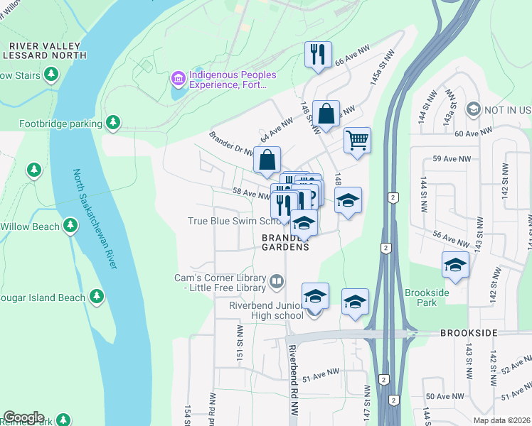 map of restaurants, bars, coffee shops, grocery stores, and more near 5730 Riverbend Road Northwest in Edmonton
