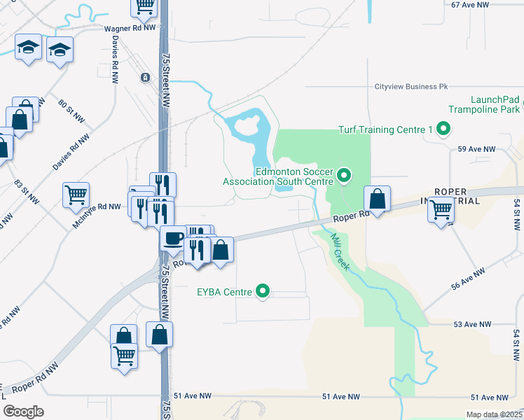 map of restaurants, bars, coffee shops, grocery stores, and more near 7008 Roper Road Northwest in Edmonton