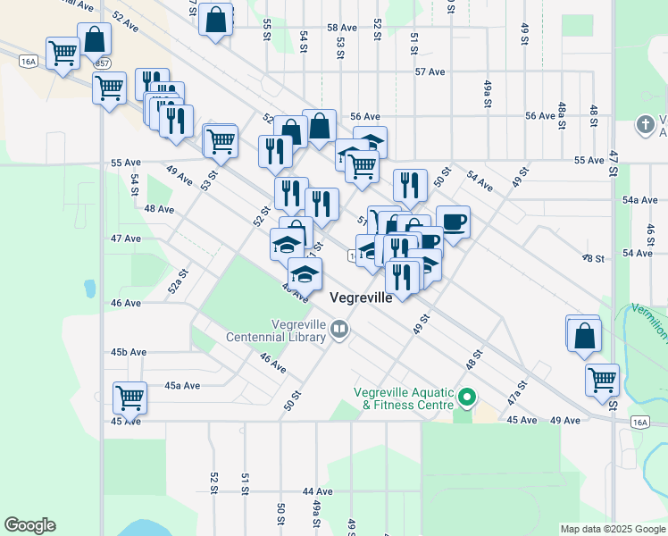 map of restaurants, bars, coffee shops, grocery stores, and more near in Vegreville