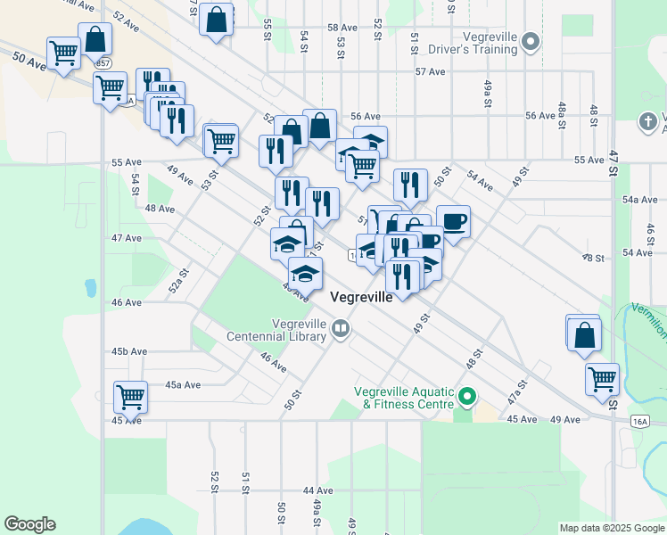 map of restaurants, bars, coffee shops, grocery stores, and more near in Vegreville