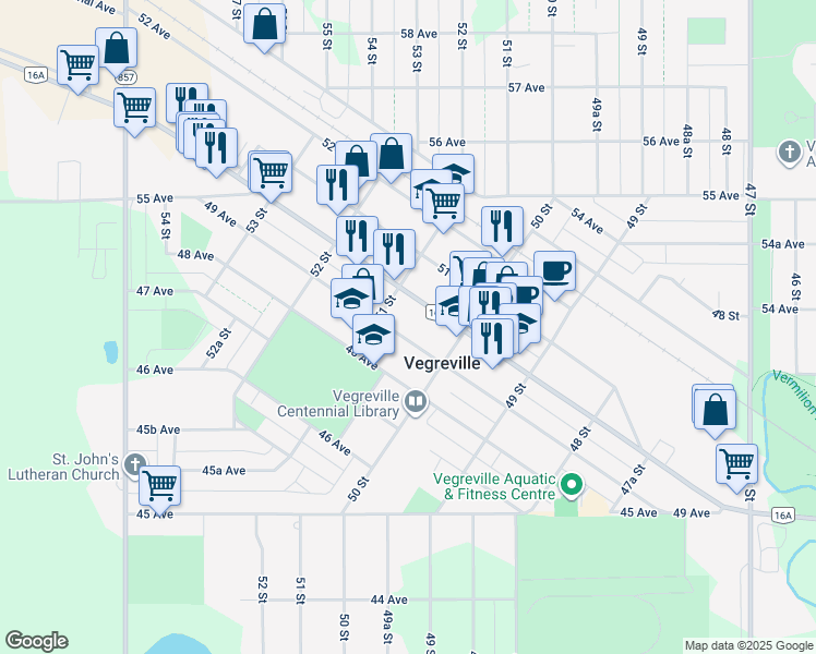 map of restaurants, bars, coffee shops, grocery stores, and more near in Vegreville