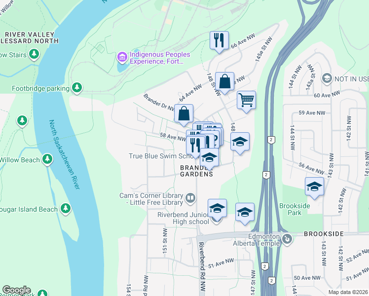 map of restaurants, bars, coffee shops, grocery stores, and more near 5730 Riverbend Road Northwest in Edmonton