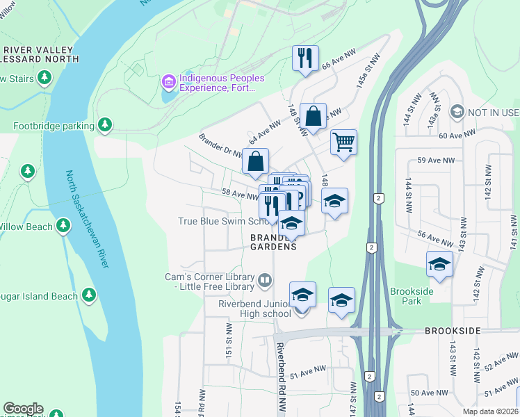 map of restaurants, bars, coffee shops, grocery stores, and more near 5669 Riverbend Road Northwest in Edmonton