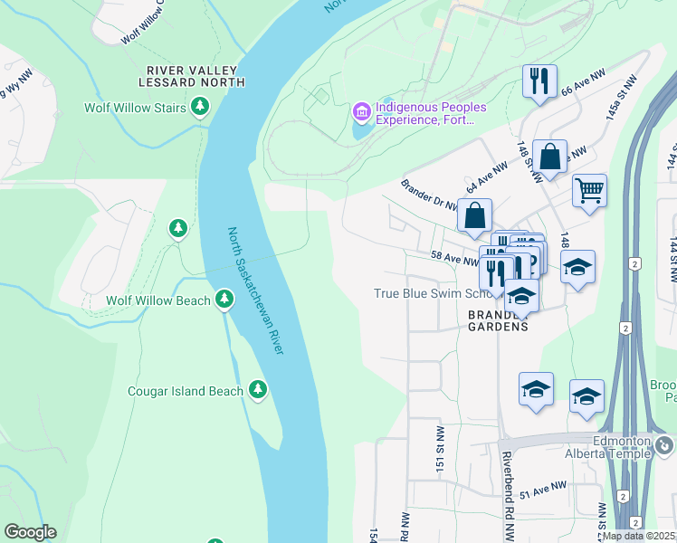 map of restaurants, bars, coffee shops, grocery stores, and more near 15319 Whitemud Road Northwest in Edmonton