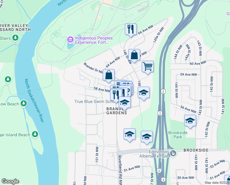 map of restaurants, bars, coffee shops, grocery stores, and more near Riverbend Rd NW & 58 Ave NW in Edmonton