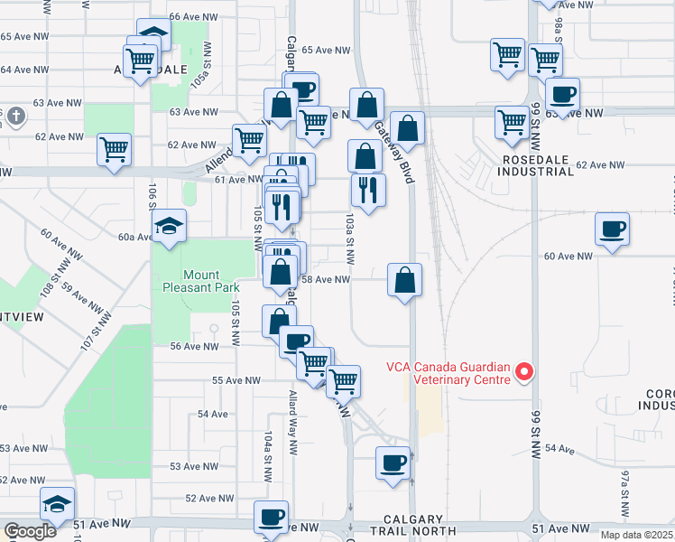 map of restaurants, bars, coffee shops, grocery stores, and more near 10359 59 Avenue Northwest in Edmonton