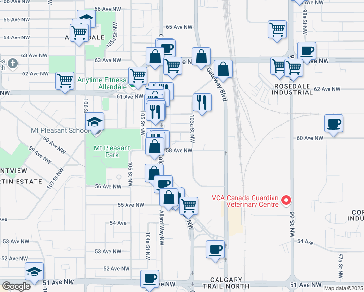 map of restaurants, bars, coffee shops, grocery stores, and more near 10359 59 Avenue Northwest in Edmonton