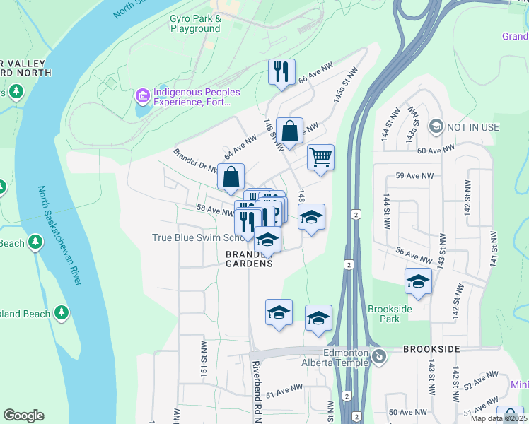 map of restaurants, bars, coffee shops, grocery stores, and more near 5831 Riverbend Road Northwest in Edmonton