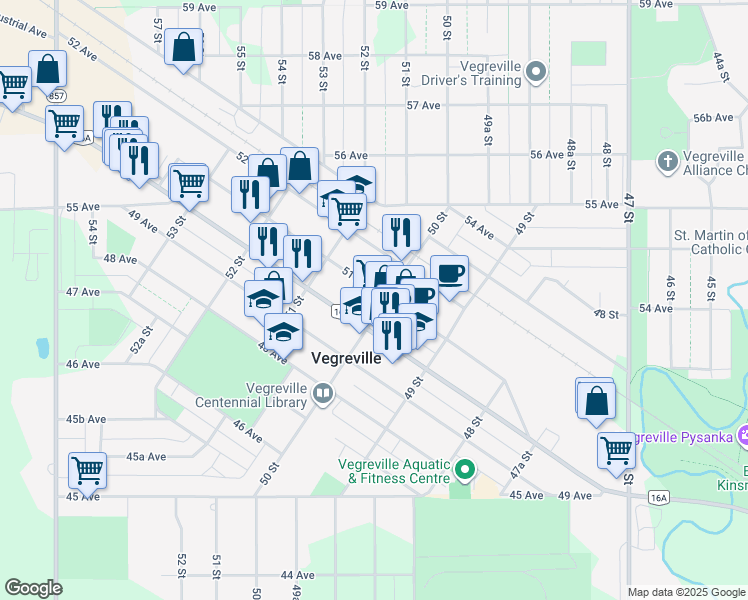 map of restaurants, bars, coffee shops, grocery stores, and more near 5022 51 Avenue in Vegreville