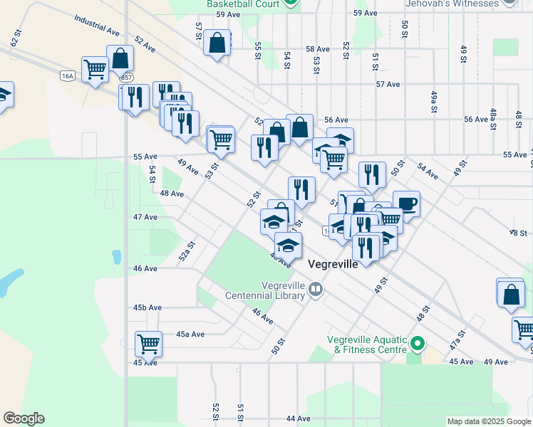 map of restaurants, bars, coffee shops, grocery stores, and more near 5130 49 Avenue in Vegreville