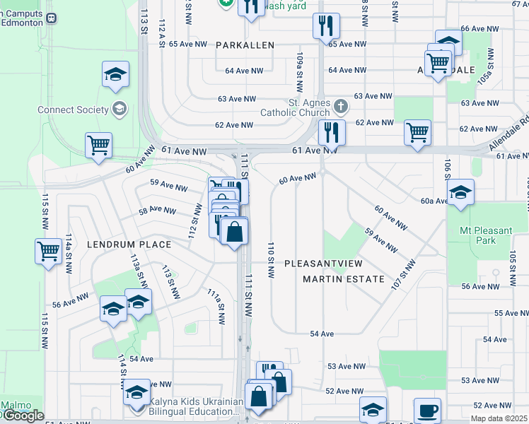 map of restaurants, bars, coffee shops, grocery stores, and more near 5820 110 Street Northwest in Edmonton