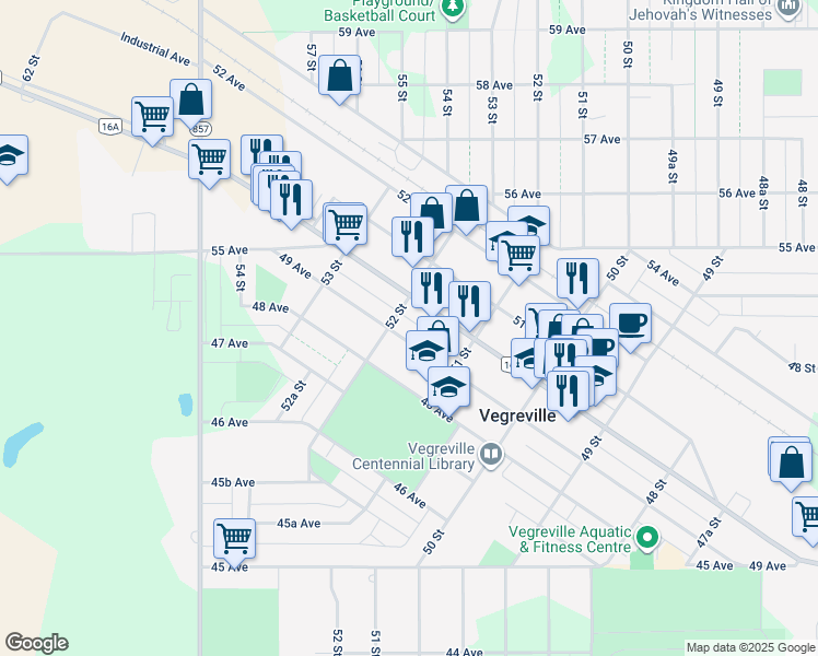 map of restaurants, bars, coffee shops, grocery stores, and more near 5130 49 Avenue in Vegreville