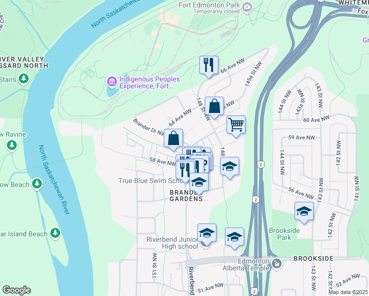 map of restaurants, bars, coffee shops, grocery stores, and more near 102 Brander Drive Northwest in Edmonton