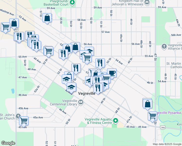 map of restaurants, bars, coffee shops, grocery stores, and more near 5022 51 Avenue in Vegreville