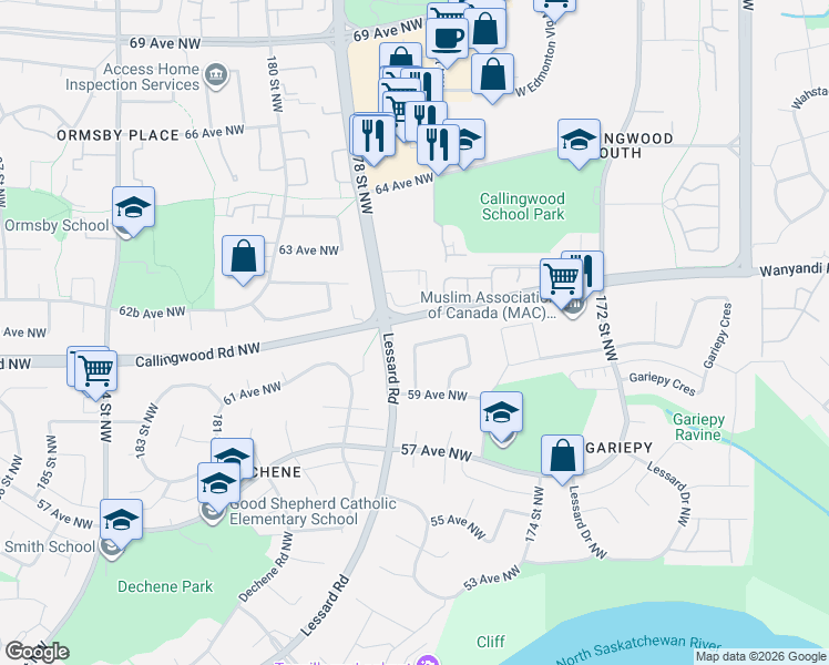 map of restaurants, bars, coffee shops, grocery stores, and more near 17636 61 Avenue Northwest in Edmonton