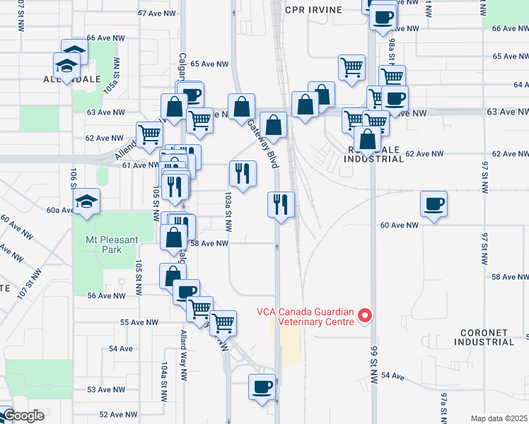 map of restaurants, bars, coffee shops, grocery stores, and more near 5910 Gateway Boulevard Northwest in Edmonton