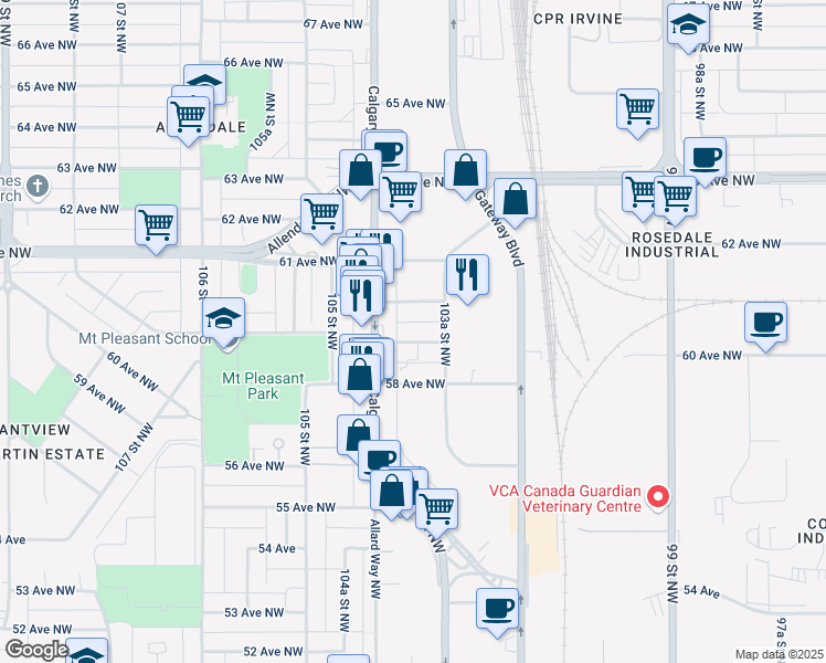 map of restaurants, bars, coffee shops, grocery stores, and more near 10359 59 Avenue Northwest in Edmonton